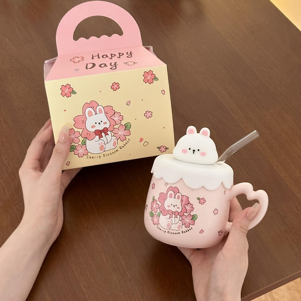 Rabbit Straw Mug with Lid Fairy Cup Cute Office Home Bestie Ceramic Water Cup Birthday Gift