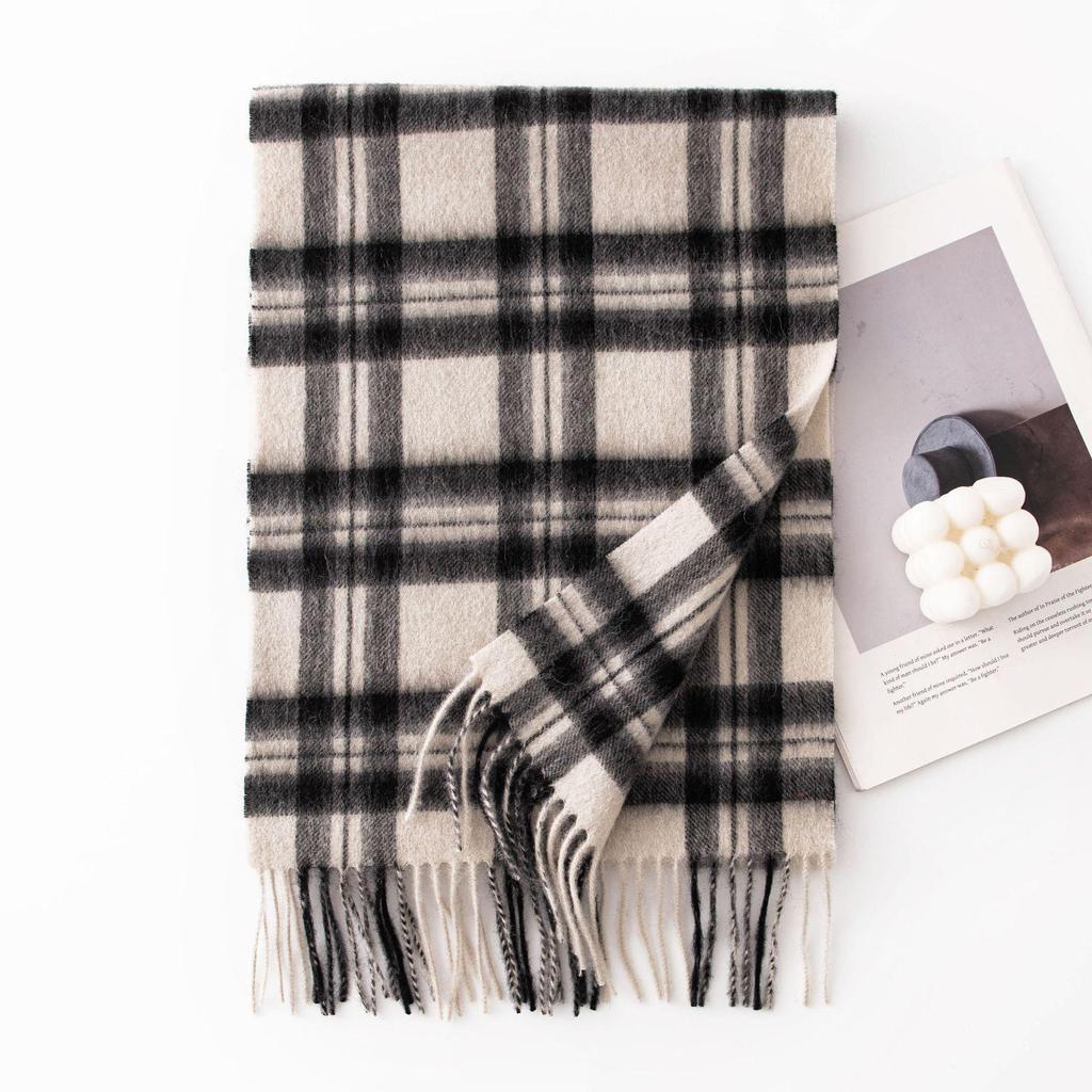 Women's 100% Wool Plaid Scarf - Korean Style, Autumn/Winter 2025, Long Tassel Shawl, Cold-Proof and Warm