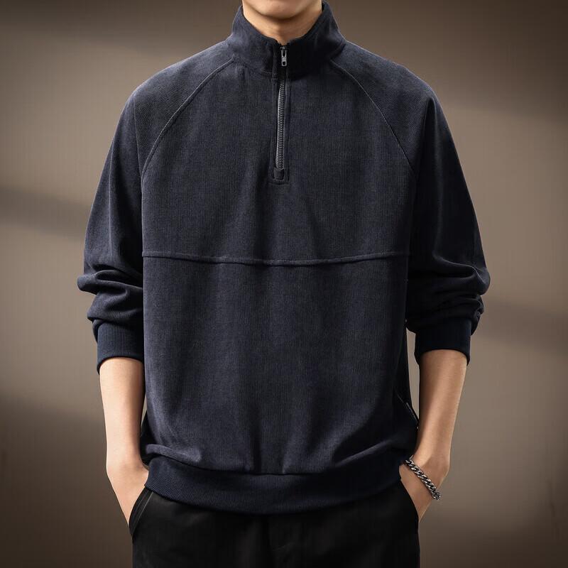 Men s Spliced Corduroy Half-Zip Stand-Collar Sweatshirt 4XL