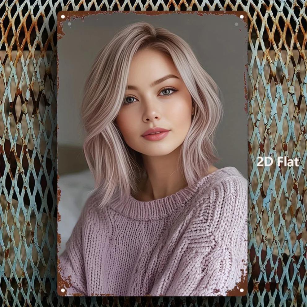 

HD Metal Tin Sign Beautiful Blonde Girl in Lavender Knit Sweater Retro Vintage Metal Plaque Wall Art for Home Decor x Inch 20x30cm（7.8x11.8inch）