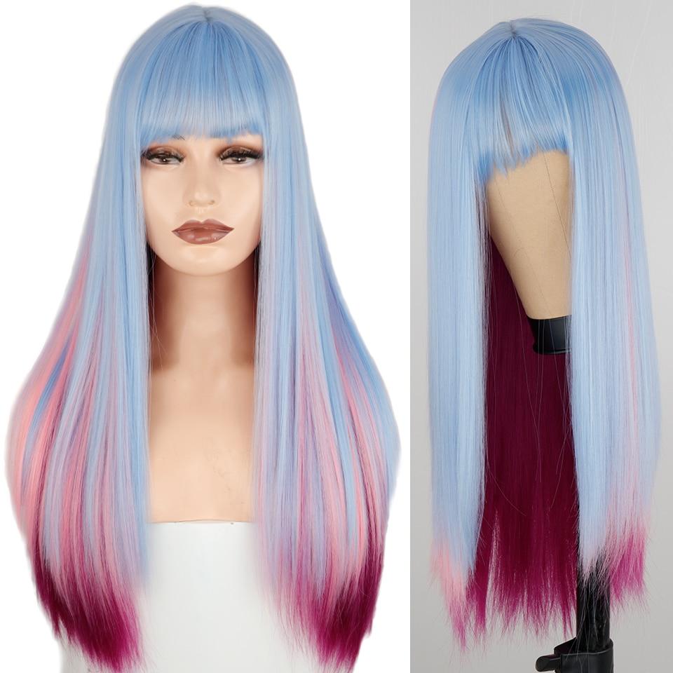 MISS WIG Lang Rett Vinrød Parykk Med Pannelugg Syntetisk Hår Parykker Pannelugg Med Parykk For Kvinner Vinrød Varmebestandige Parykker