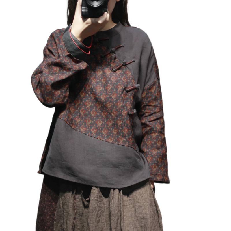 2025 Spring Color Block Linen Shirt: Elegant One-Shoulder Loose Long Sleeve with Half-High Collar