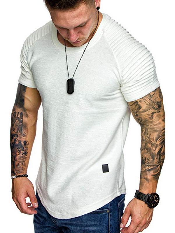 European & American Men's Slim Fit Crew Neck Pleated T-Shirt - Solid Color, Casual Short Sleeve