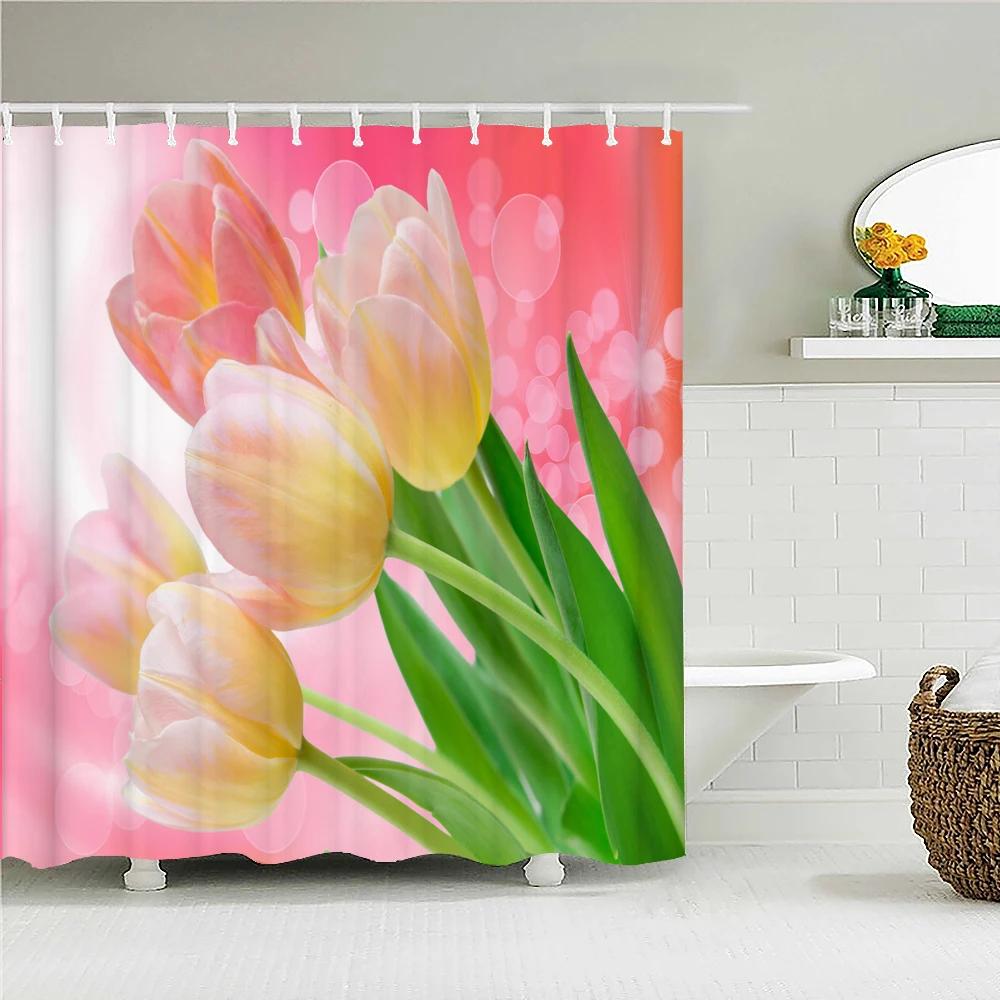 

Colorful Tulip Flowers Shower Curtains 3D Beautiful Flower Print Bath Curtain Waterproof Fabric With Hooks Bathroom Decoration W60H190(CM)-1 Pcs