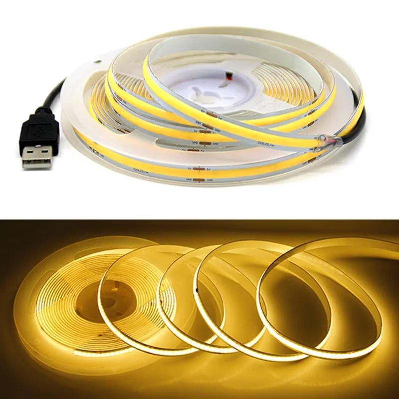 

DC5V 320Leds/M USB COB лента для украшения комнаты, светильник для шкафа, лампа для подсветки телевизора, гибкая лента, светодиодная лента, теплый нейтральный свет 0.5M