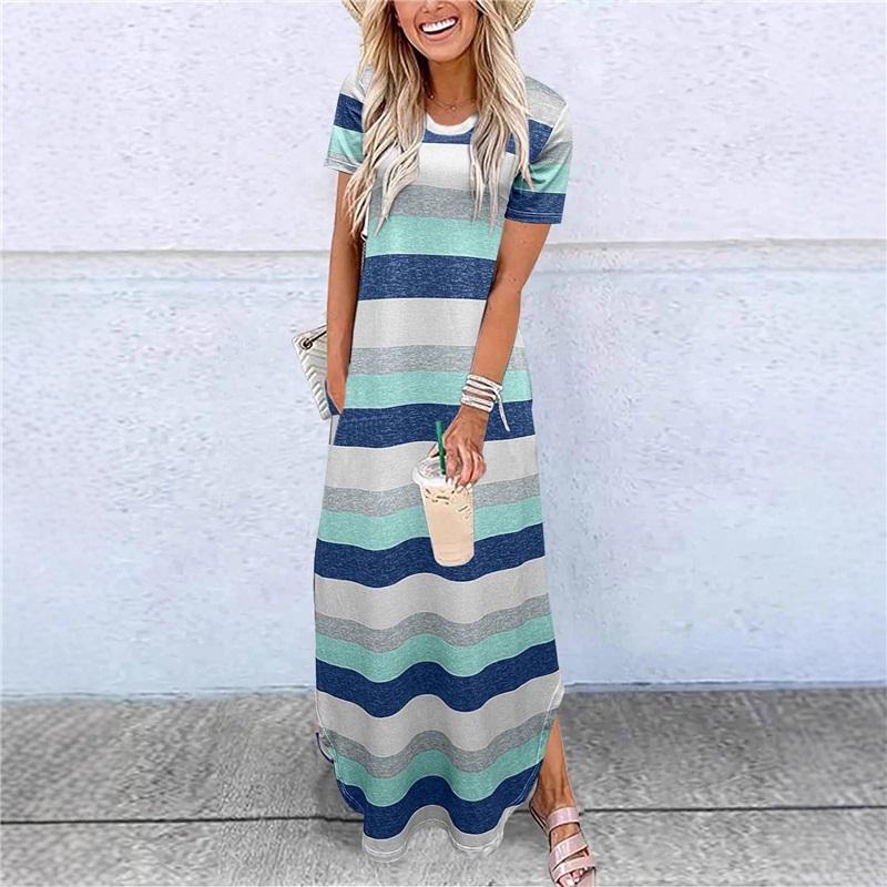 Women Short Sleeve Long Dress With Pockets Casual Oversized Round Neck Beach Dress Female Split Loose Fit Summer Dress Vestidos