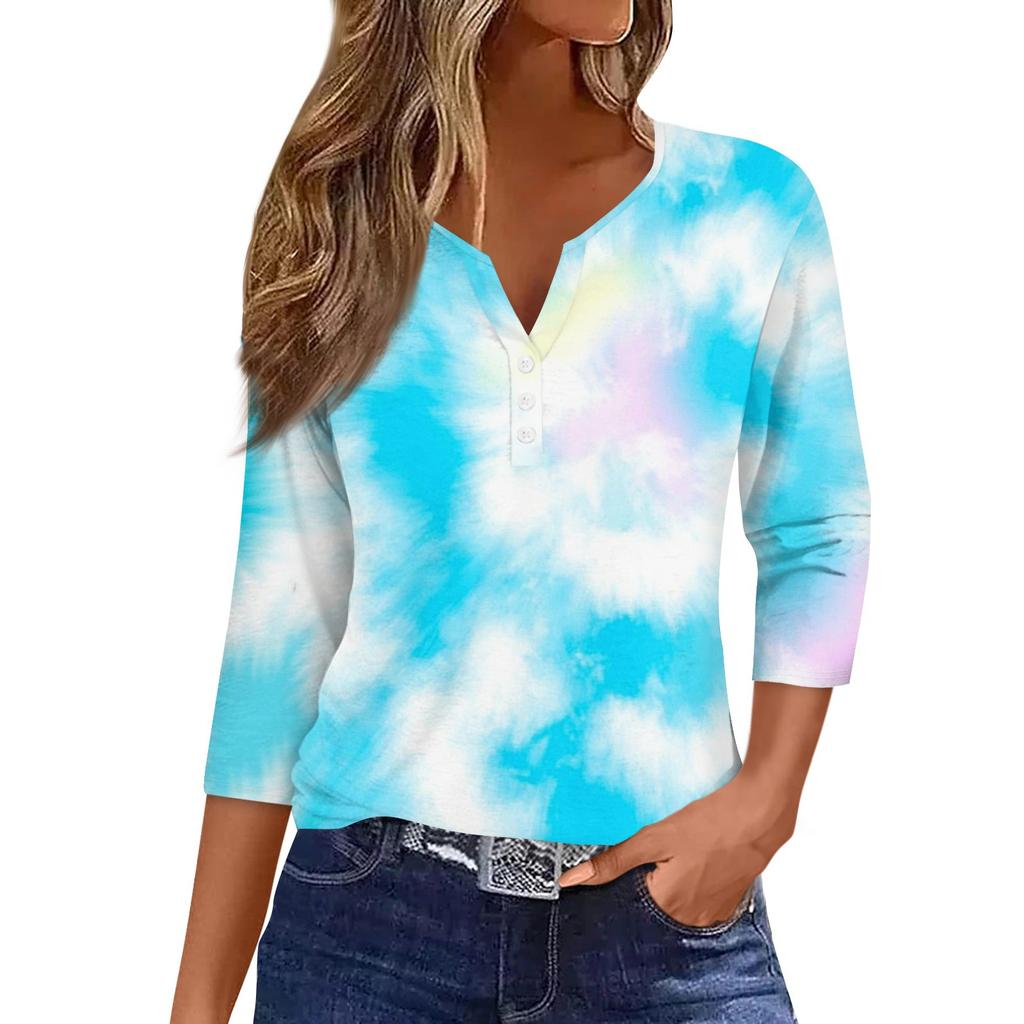 Women's T Shirt Tee Print Button 3/4 Sleeve Daily Weekend Fashion Basic V- Neck Regular Top
