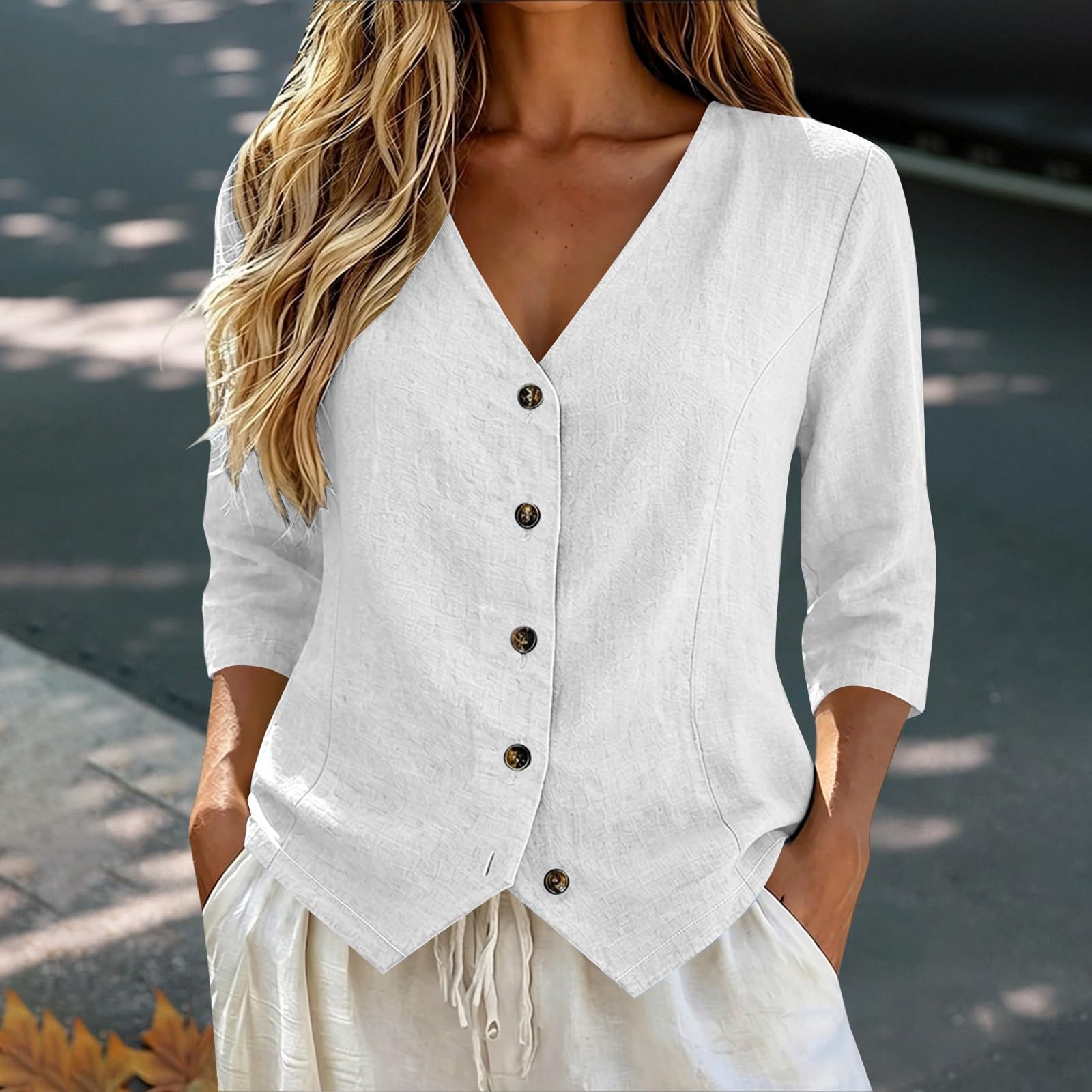 Women`s Linen Button Down Shirt Three