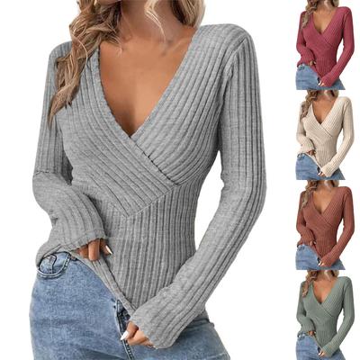 Damen Tiefer V-Ausschnitt Sexy Wickelpullover Langarm Schmal geschnittenes Strickpullover Top