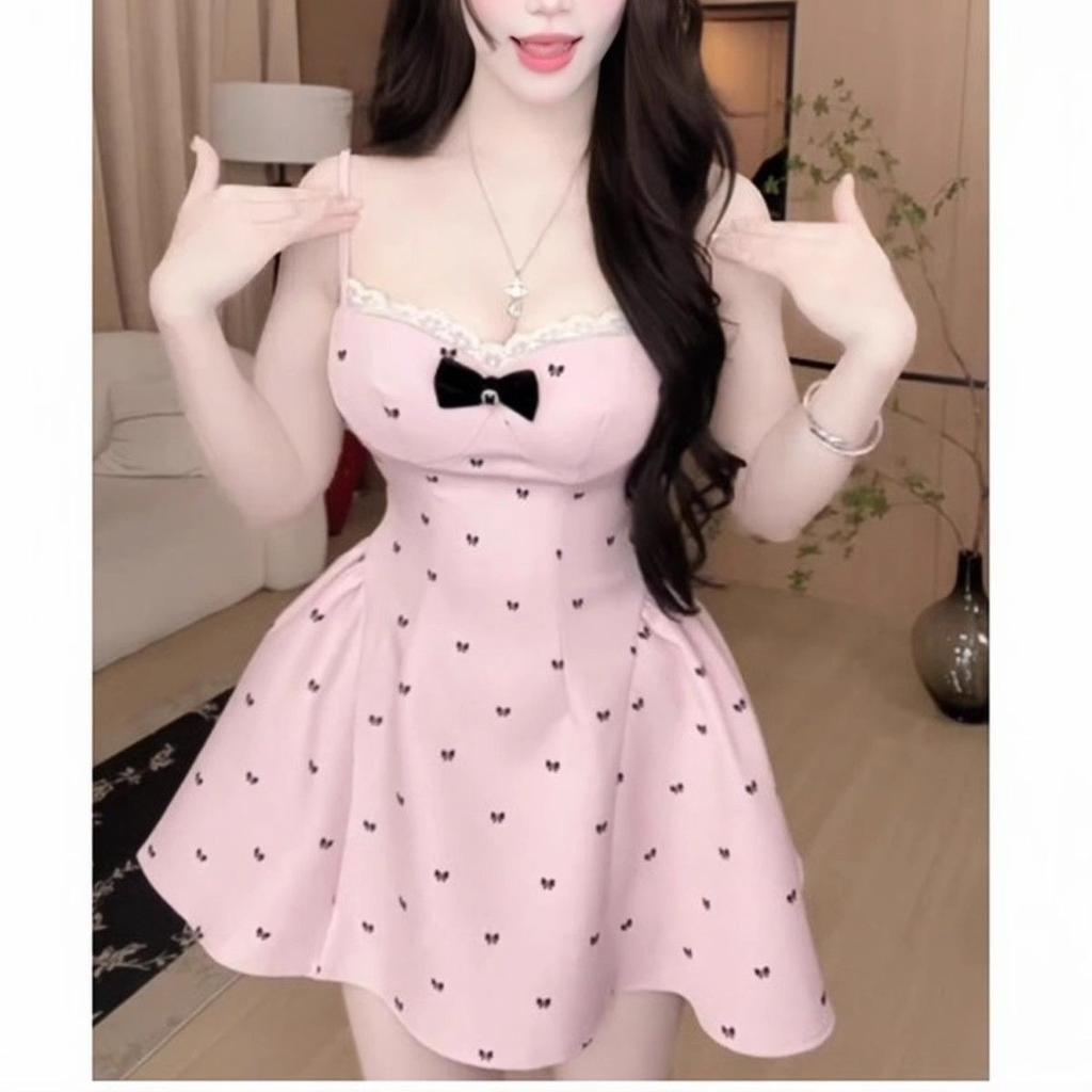 Bow Print Spaghetti Strap Dress for Women, Summer Pure Desire, Waist-Cinching Short Skirt with Breast Pads, Slim Fit, Plush A-Line Skirt