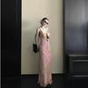 Summer Waist Skirt Temperament a Word Long Skirt French Vacation Style Pink Floral Suspender Dress Women