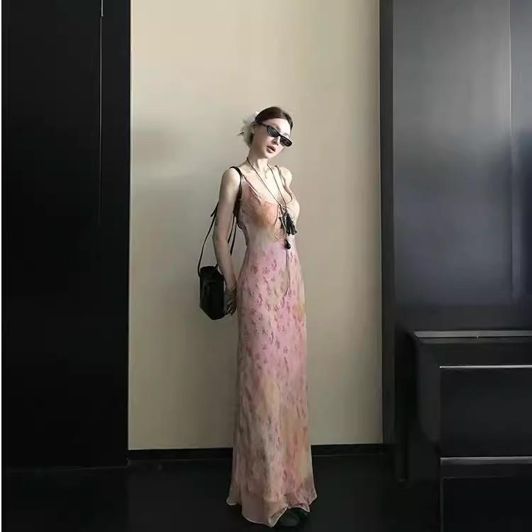 Summer Waist Skirt Temperament a Word Long Skirt French Vacation Style Pink Floral Suspender Dress Women