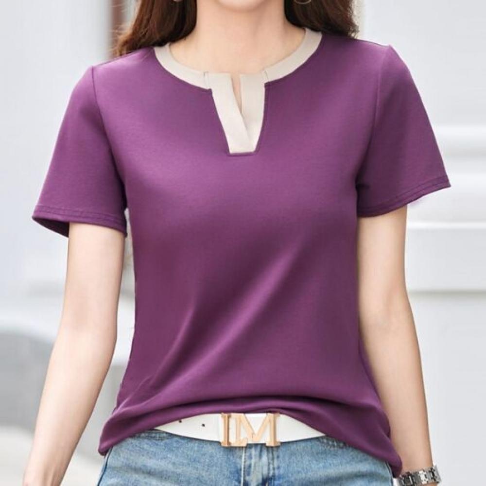 Navava Women Casual Daily Color Block SpliT Neck ShorT Sleeve T shirT nT3342