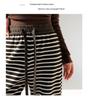 2025 Winter High-Waisted Coffee Striped Plush Pants for Petite Women: Loose, Wide-Leg, Straight-Leg Style.