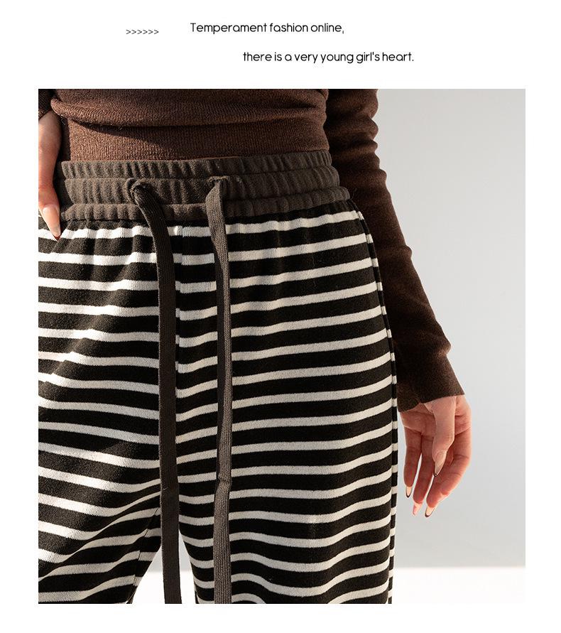 2025 Winter High-Waisted Coffee Striped Plush Pants for Petite Women: Loose, Wide-Leg, Straight-Leg Style.