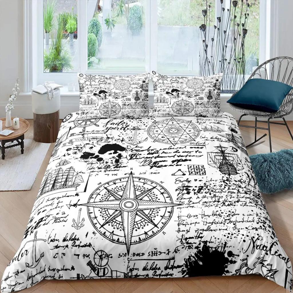 Compass Duvet Cover SetHand Drawn Windrose Floral Arrangement Design Compass Boating Theme PrintBedding Set DecorFull Size