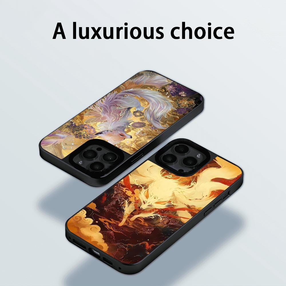 Nine-tailed fox art fashion design Phone Case for iPhone 17 16 e 15 14 13 12 Pro Max Sheepskin Silver-edged protective case