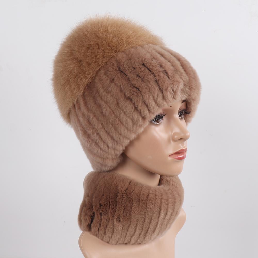 Women Winter Real Fur Hat Scarf 2 Pieces Knitted Rex Rabbit Fur Hat Top Natural Fox Fur Cap Scarves Sets Lady Warm Real Fur Caps
