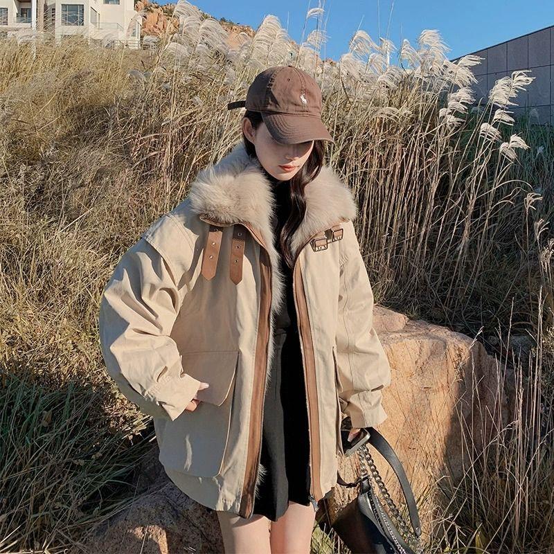 Winter Women's Workwear Jacket Short Fleece Lined Thickened Cotton Coat Korean Style