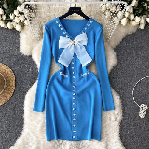 Elegant Bow High Waist Fashion Bodycon  Dress Long Sleeve Sexy Knit Elastic Tight Vestidos Autumn Winter Pencil Sweater Dress