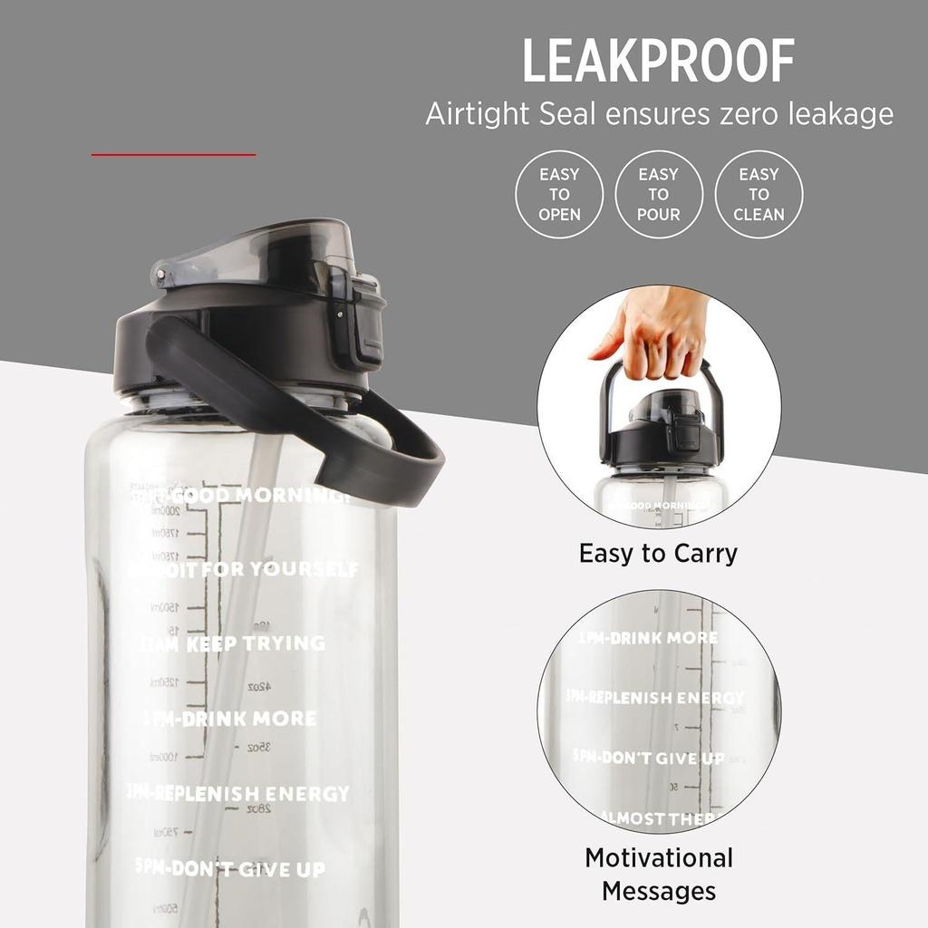 Smasher 2 Liter Quotes & Time Marker Sports Bottle With Easy To Carry Handle & Straw BPA Free, Leak Proof for Gym, Office, Workout- Black, Plastic