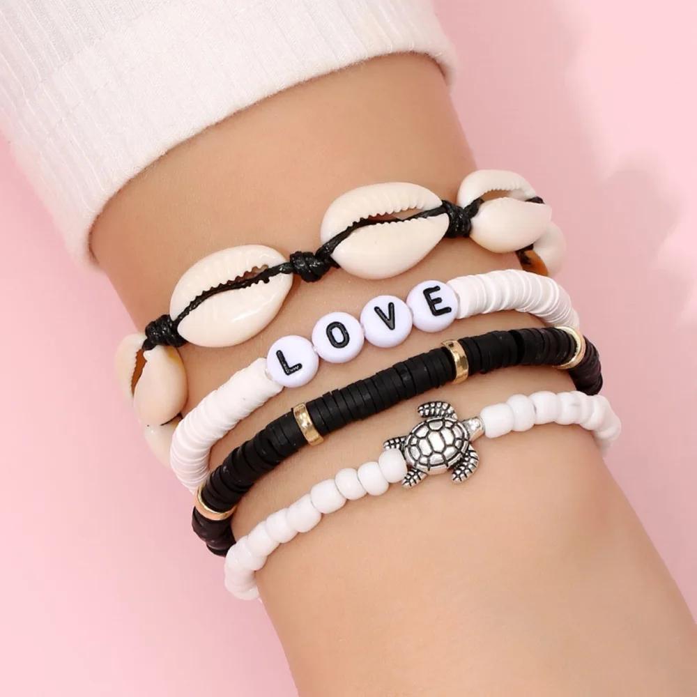 Set di Braccialetti Impilabili Arcobaleno Bohemien per Donna Ciondolo a Forma di Cuore Argilla Morbida Ceramica Perline Stratificate Catena Braccialetto Gioielli Boho Femminili