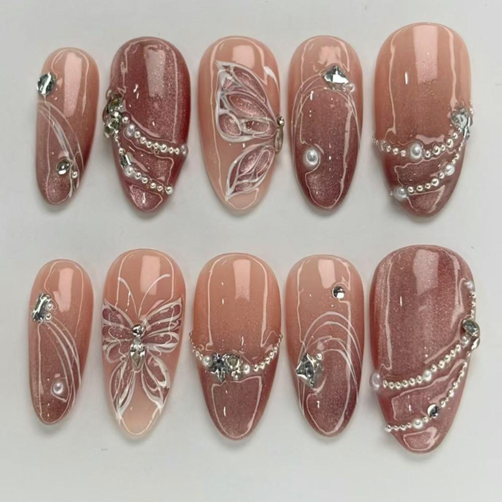30pcs Long Almond False Nails Cat Eye Gradient Butterfly Line French Press on Nails Detachable Love Heart Cherry Fake Nials
