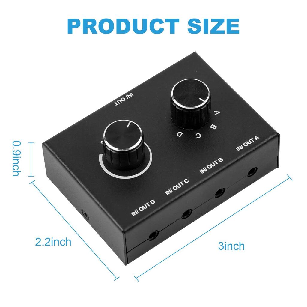 Stereo audio AUX audio audio pasivní manuální rozbočovač box audio sdílení palec 4-cestný 3,5mm přepínač, 3,5mm přepínač, přepínač, reproduktor, sluchátka, přepínač,