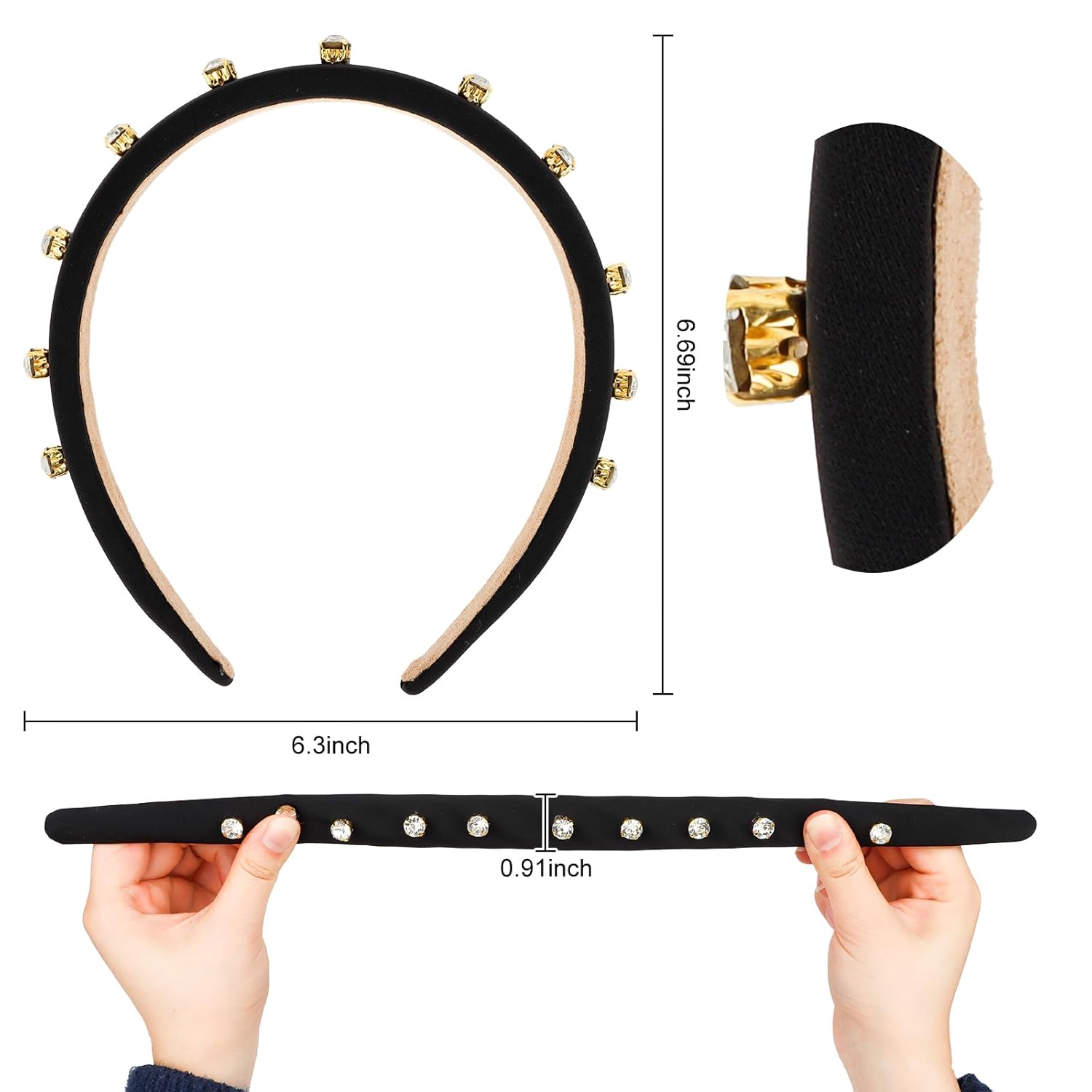 Ondder Black Headbands for Women Padded Rhinestone Headband Fashion Women Hair Head Bands Wide Headbands Diademas Para Mujer De Moda Hair Accessories