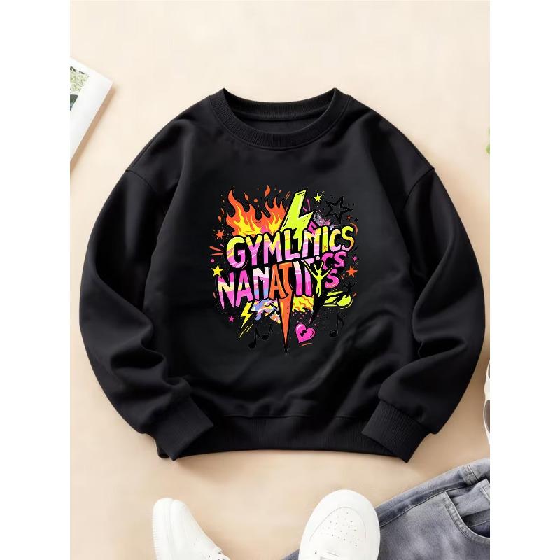 Kids Crewneck Sweatshirt, Fun Gymnastics Text Print Long Sleeve Top for Autumn Winter 110 чёрный