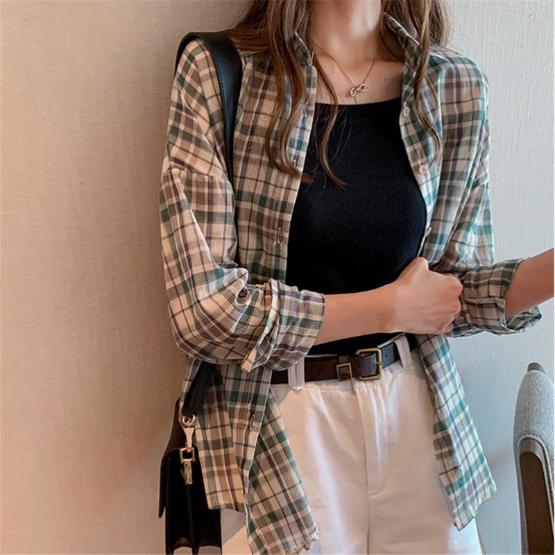 Summer new retro Hong Kong style plaid shirt women's thin loose medium and long shirt sunscreen shirt jacket top trendy