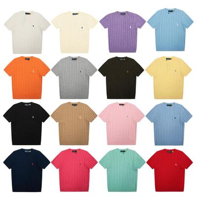Top de punto unisex con cuello redondo, pequeño caballo bordado y bolsillo – Corte holgado, estilo pareja de alta calidad, manga corta