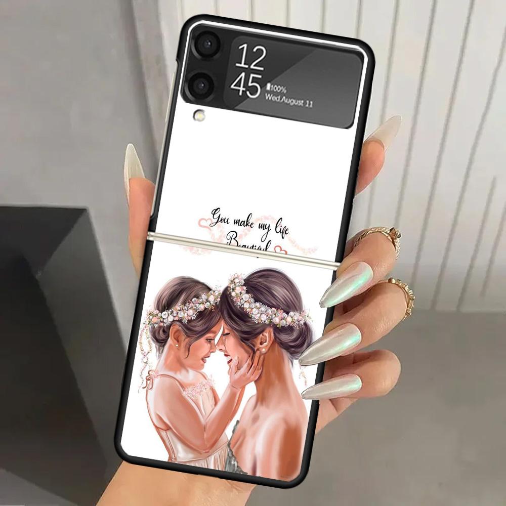 Mom Baby Girls Hard PC Phone Case For Samsung Galaxy Z Flip 6 5 4 3 Black Cover ZFlip6 Flip5 Flip4 5G Foldable Print Cases