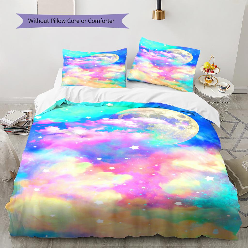 Galaxy Moon Pattern Bedding Quilt Set Quilt Cover Pillowcase Home Decoration Gift (1 * Duvet Cover + 2 * Pillowcase, Without Core)