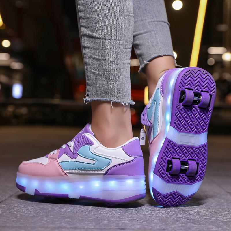 29-40 Kid's Lights Sports Shoes Rubbing Shoes Solid Magic Patch Can Charging Double-row Four-wheel Luminous Children Shoes