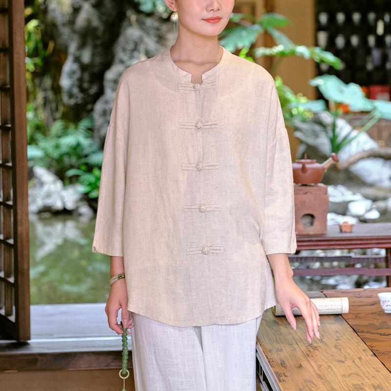 Johnature Camisas de lino vintage con botones para mujer, blusas de primavera con mangas siete y cuello alto, de color liso, estilo chino para mujer