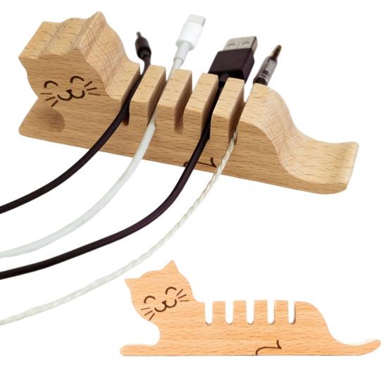Wooden Cat Cable Organizer Home Office Desk Phone Charging Data Cord Holder Keeper Animal Power Wire Management Clip