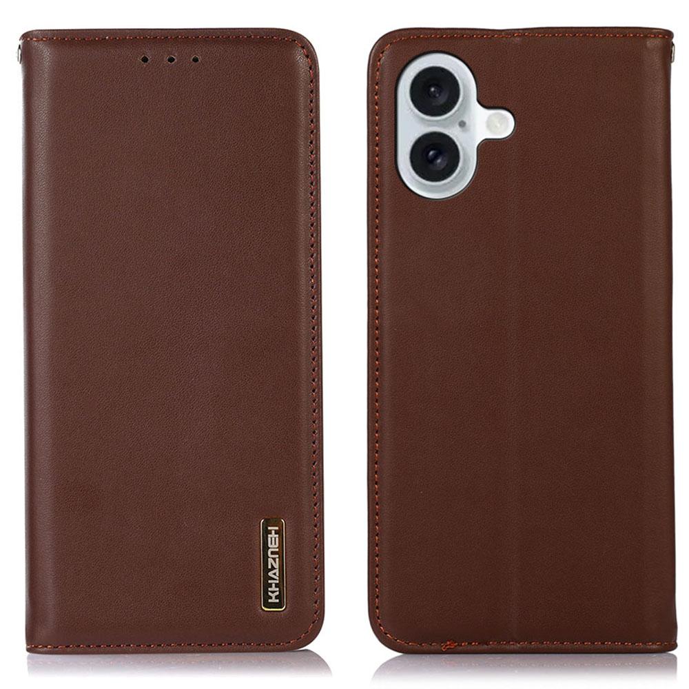 

For iPhone 16 Plus Case Genuine Cow Leather Phone Cover Nappa Texture Brown