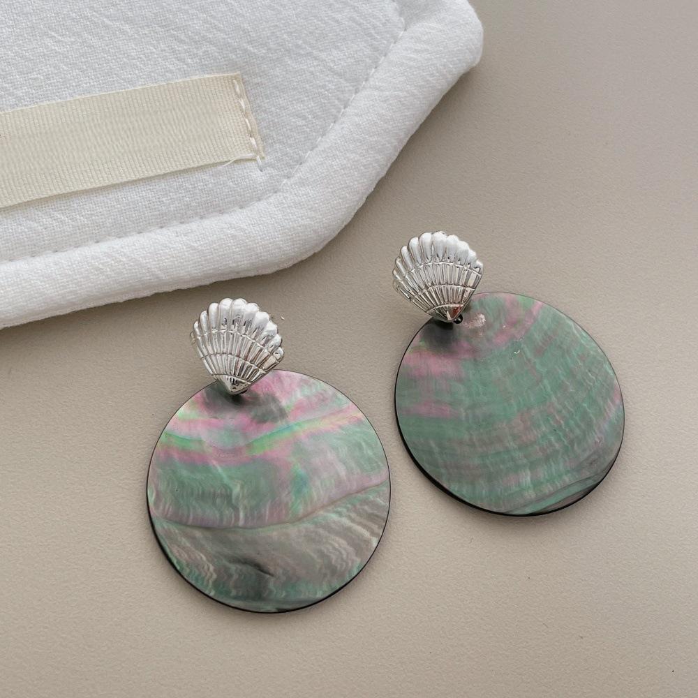 Silver Plated Shell Stud with Abalone Shell Drop Earrings Round Mother of Pearl Dangle Earrings Ocean Beach Jewelry for Women
