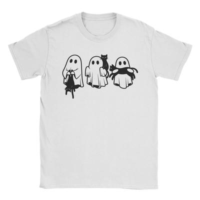 Geist Katze Meme hält Schwarze Katze Halloween T-Shirt für Männer Reine Baumwolle Lustiges T-Shirt Rundhals T-Shirts Kurzarm Oberteile Party