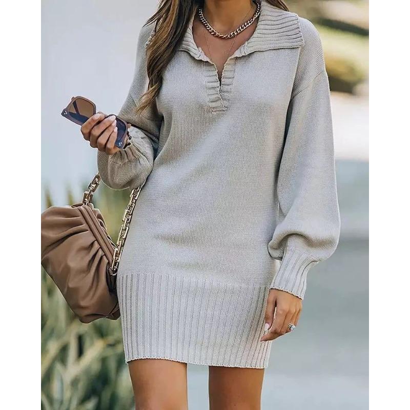 Lapel Lantern Sleeve Women's Mid-length Sweater Skirt, Autumn and Winter Warm Gray Temperament Solid Color Knitted Long Skirt