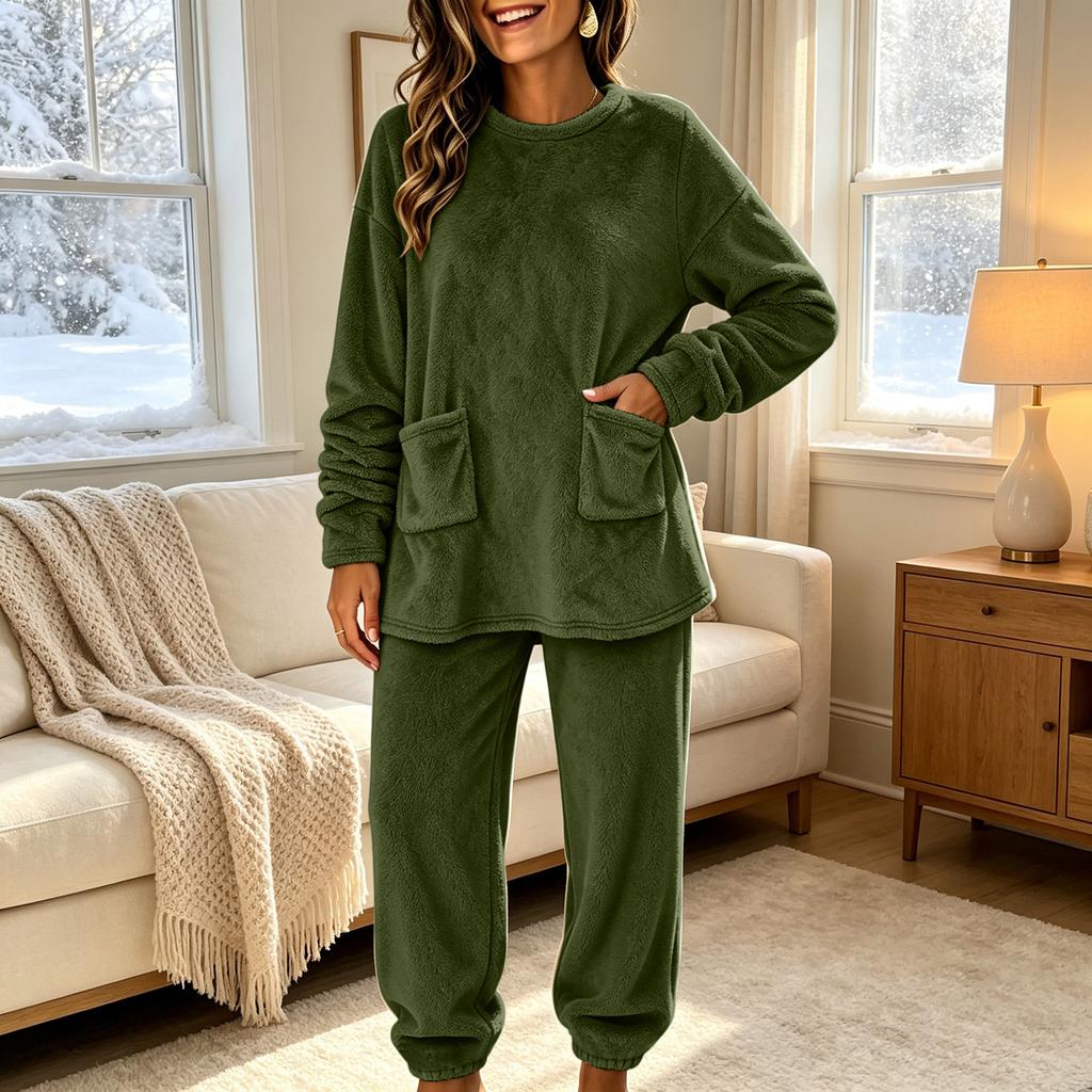 Women's Fashion Flannel Pajama Set Long Sleeve Top and Pants with Pockets Casual Warm 2 Piece Sleepwear