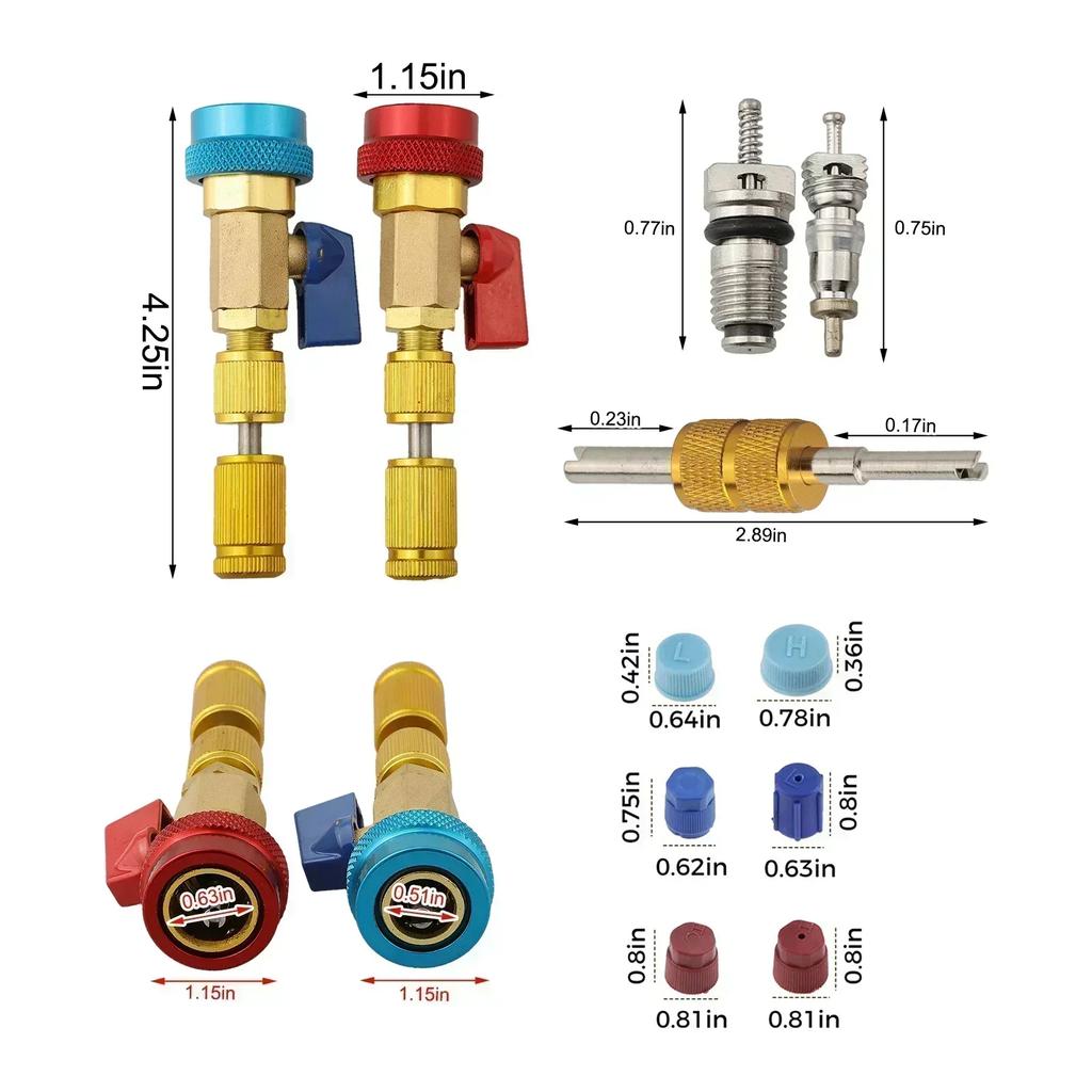 Vehicle HVAC Tool for R134A Valve Core Quick Removal and Installation with High and Low Pressure Valve Couplers