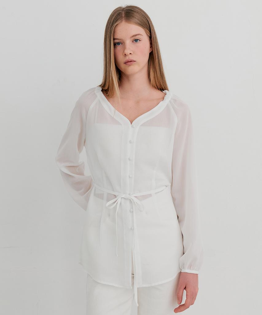 ITOV SEOUL Shirred Belted Blouse White