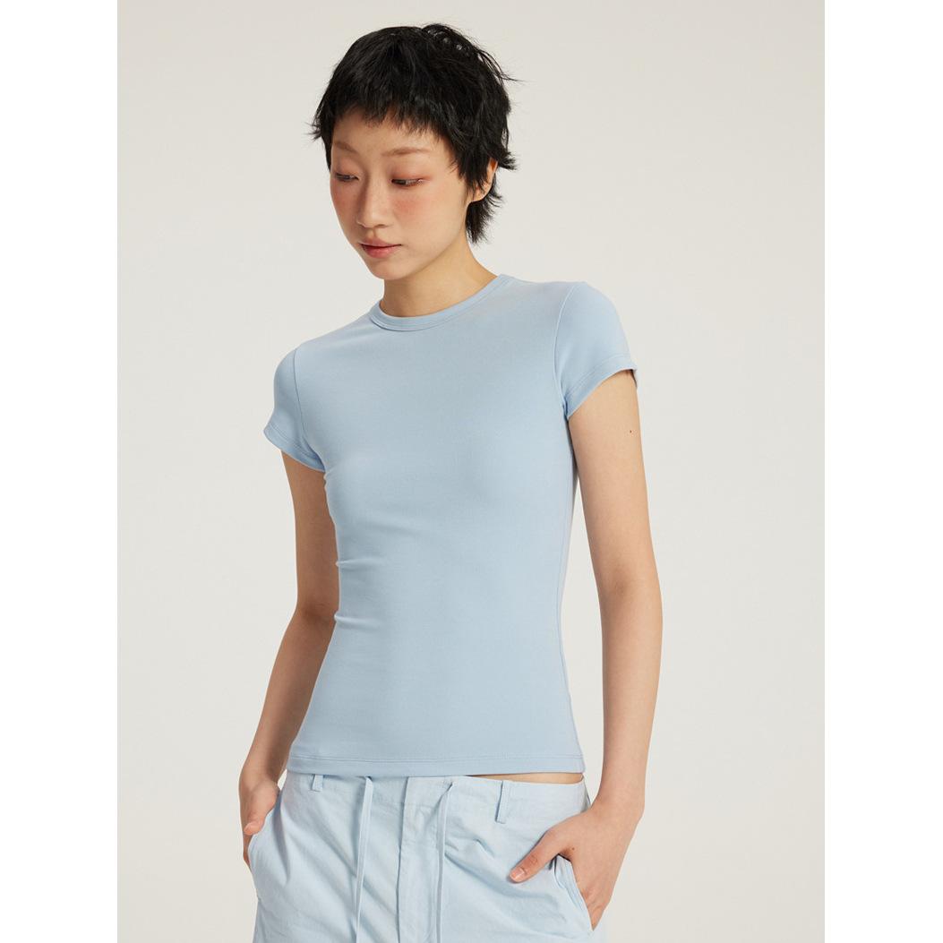 

Crew neck front shoulder slim T-shirt spring and summer American Spice Girl waist slim and thin Korean top stacked to wear base 2XL