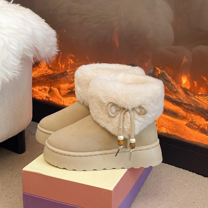Women Snow Boots Round Toe Platform Sole Butterfly-knot String Bead Cotton Boots Fashion All-match Winter Plush Thickened Boots