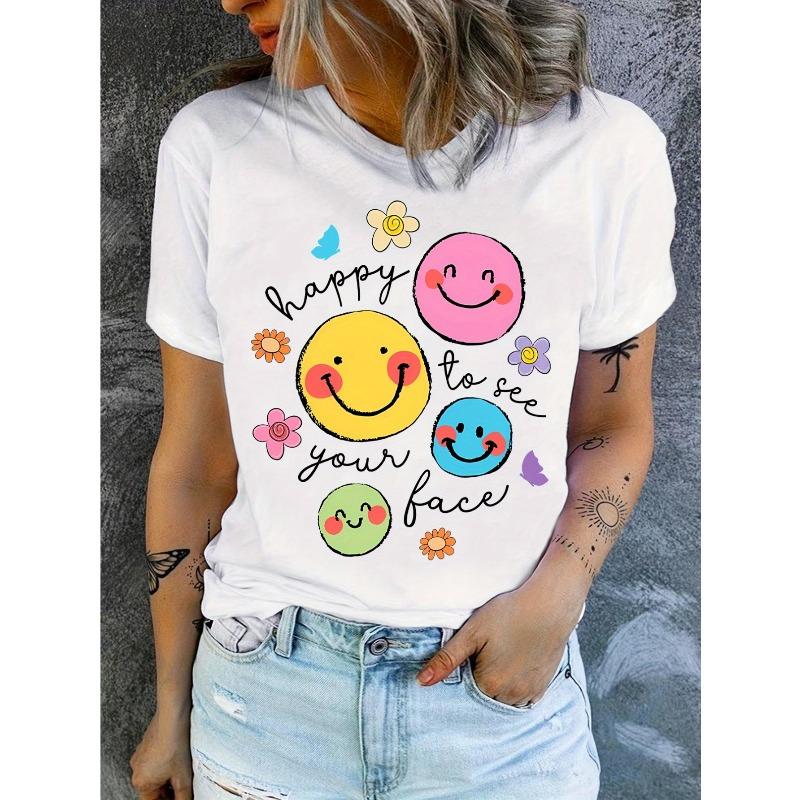 Funny Cartoon Joyful Face Print Tee Teacher Life Crew Neck Short Sleeve Teacher Appreciation Day Gift Casual Top