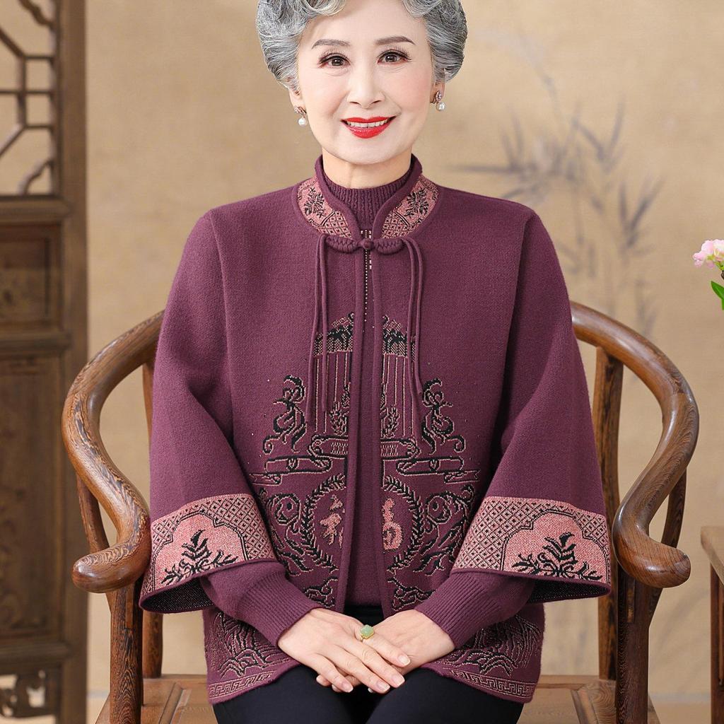 2025 New Chinese Style Knitted Sweater Cardigan Set for Middle-Aged and Elderly Women