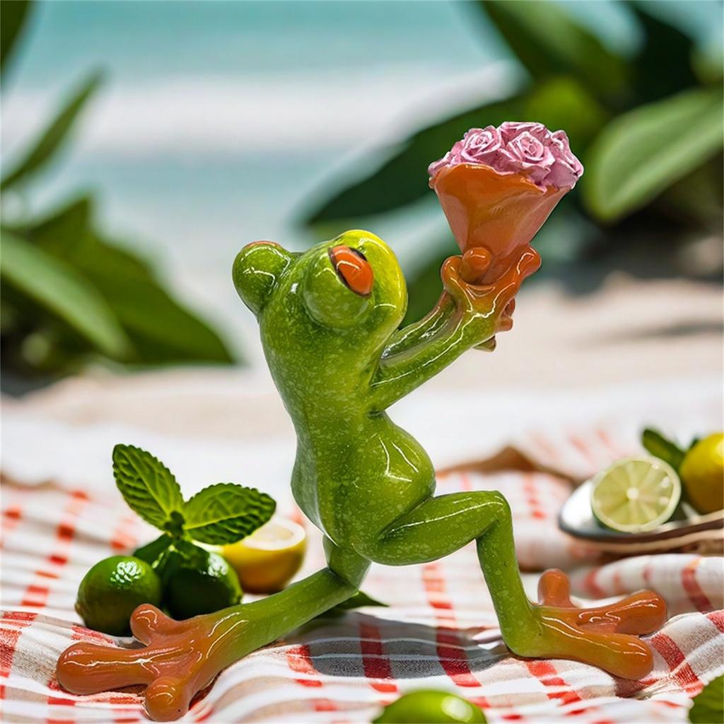 Kawaii Frog Couple Figurines Proposal Flower Delivery Resin Crafts Ornament Frog Marriage Proposal Figurine Valentine's Day Gift