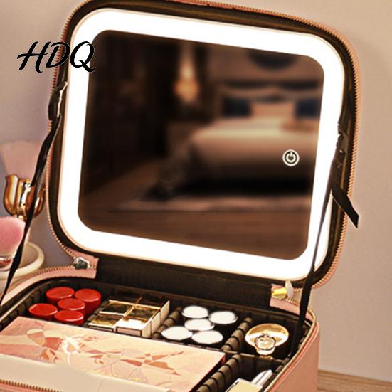 Makeup Bag with LED Mirror USB Charging Case Rechargeable Adjustable Dividers Travel Cosmetic Light-up 3 Color Lights